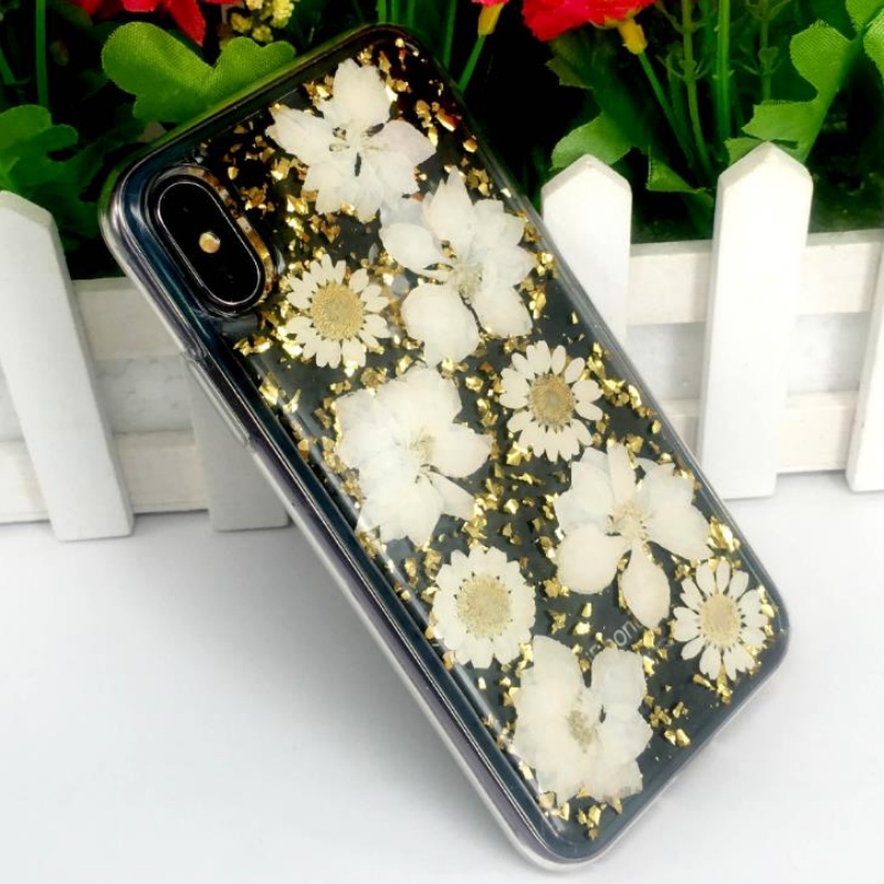 IPhone directo del fabricante con adhesivo de gota de lámina de oro verdadera flor seca flor en relieve TPU funda transparente a prueba de roturas de manzana